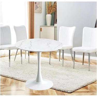 Imagem de Mesa De Jantar Moderna Redonda Tulip Com Tampo De Granito E Pedestal De Metal Para Sala De Jantar De Cozinha, White, 80Cm