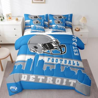 Imagem de Erosebridal Jogo de cama Queen com edredom de futebol americano, 7 peças, para meninos e meninas, azul e cinza, para decoração de quarto de fãs de futebol americano (Detroit)
