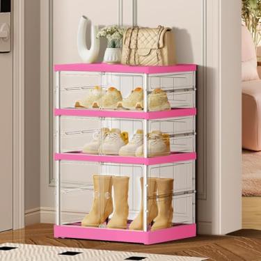 Imagem de CIMLORD Sapateira dobrável de 3 camadas para entrada de armário, 3 a 6 pares, organizador de caixas de armazenamento de sapatos transparentes empilháveis com porta de plástico pequeno para armário de