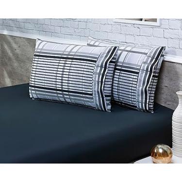 Imagem de Jogo Lençol 3 Peças Queen Estampado Listrado 100% Algodão 200 Fios Ponto Palito (Preto, 30cm)