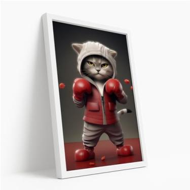 Imagem de Quadro Decorativo Gato Boxeador Roupa Vermelha Arte Divertida Animal Estilo Moderno Criativo Parede Infantil Com Moldura