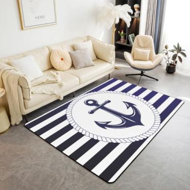 Imagem de Erosebridal Tapetes náuticos para sala de estar, 1,88 m x 1,28 m, para crianças, adultos, meninos, âncora, azul marinho, tapete decorativo, geométrico, azul, listras, retrô, tema de aventura marítima,