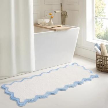 Imagem de DyeFury Tapetes de luxo fofos para banheiro, tapete de banheiro branco com borda recortada azul, microfibra estética moderna funky divertido tapete de banheiro extra macio antiderrapante para banheira