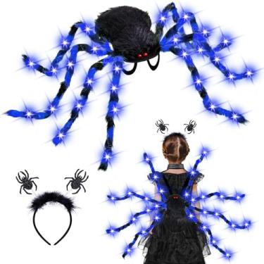 Imagem de Garma Halloween Giant Spider Costume Set, 60 LED Blue Light-Up Spider Backpack with Spider Headband, Scary Plush Costume for Kids Halloween Party, Trick or Treating, Cosplay Decorations