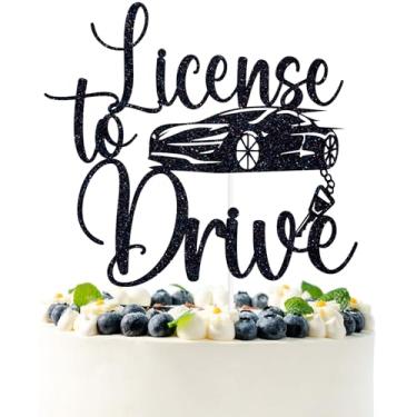 Imagem de Cobertura de bolo com licença de glitter preto para dirigir, ocultar as chaves do carro/nível 16 desbloqueado, suprimentos de decoração de festa de aniversário de 16 anos com tema de carro engraçado