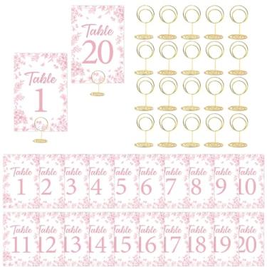 Imagem de CORNER LACE Números de mesa rosa 1 a 20 com 20 porta-cartões dourados - 10 x 15 cm elegante decoração de mesa de centro de mesa chinesa/floral para casamento, aniversário, chá de bebê, recepção de