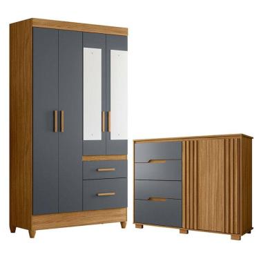 Imagem de Guarda Roupa Solteiro Madri com espelho e Cômoda Texas Freijó Cinza - Moval