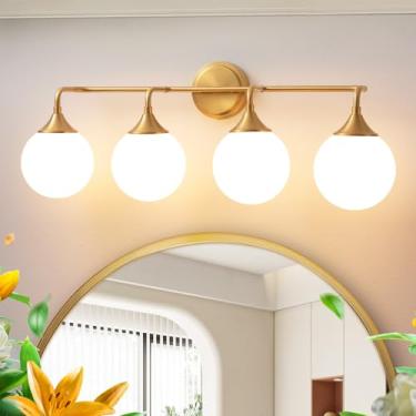 Imagem de Ritakcdn Luminárias douradas para banheiro, luzes modernas sobre o espelho, arandela de latão escovado 4 luzes com persianas de vidro branco leitoso