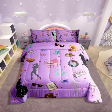 Imagem de Erosebridal Jogo de cama romântico com tema de música King, roxo, gato, preto, borboleta, estrelas, edredom moderno, moderno, presente para mulheres e meninas