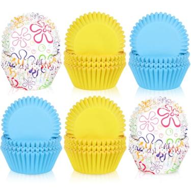 Imagem de JarThenaAMCS 600 peças de forro de cupcake de esponja de desenho animado azul amarelo flor papel assar, muffin de verão, envoltório de cupcake para chá de bebê, festa de aniversário, suprimentos de