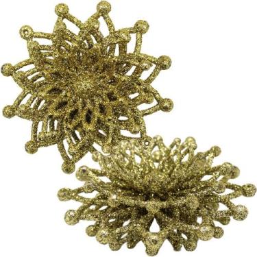 Imagem de Kit 20 Flores Douradas Gliter Decoração Árvore De Natal 10cm - Genéric