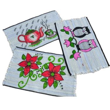 Imagem de Kit 3 Unids. Tapete Artesanal Decorativo, Branco Estampado, 58x35 cm,Trançado para Sala, Quarto, Banheiro e Cozinha
