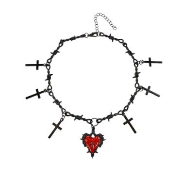 Imagem de Colar vintage com pingente de cruz de coração para mulheres, gótico, vermelho, esmaltado, coração, hip hop, arame farpado, estilo punk escuro, Y2K, colar gargantilha ajustável, joia de Natal para Dia