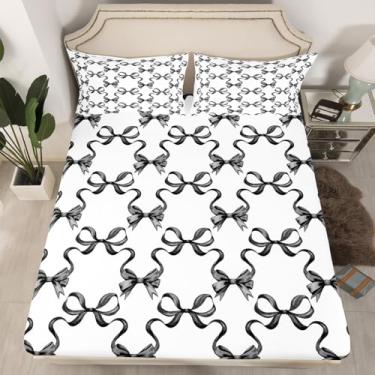 Imagem de Manfei Jogo de cama solteiro com laço preto, estilo princesa, aquarela, para adolescentes e crianças, com laço cruzado preto e branco (1 lençol com elástico + 1 fronha)