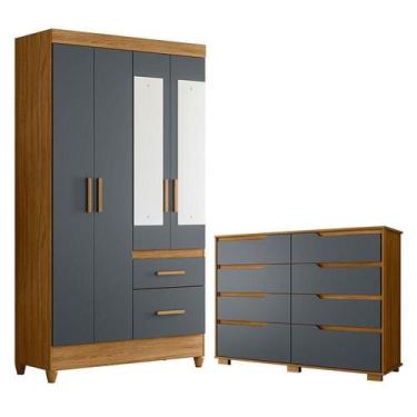 Imagem de Guarda Roupa Solteiro Madri com espelho e Cômoda Georgia Freijó Cinza 