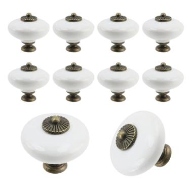 Imagem de T Tulead Puxadores redondos de cerâmica mini puxadores de gaveta brancos 1,42" × 1,86 cm, puxador de porta de móveis antigos 10 peças com parafusos