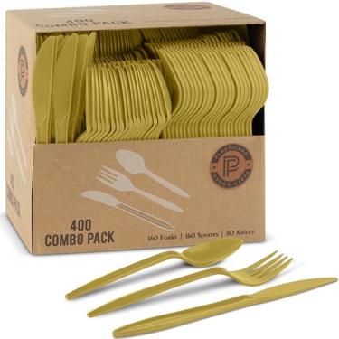 Imagem de PLASTICPRO Pacote com 400 utensílios de plástico descartáveis, conjunto de talheres coloridos variados, garfos, colheres, facas, talheres, talheres de plástico dourado para festas