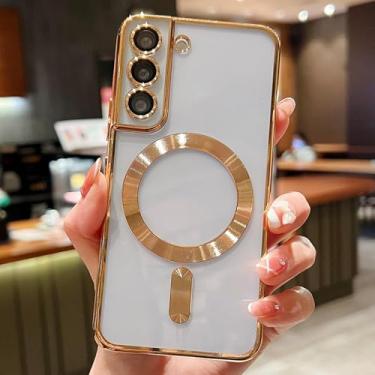 Imagem de HJZSZX Para S24 Ultra Luxury Plating Clear Magnetic Wireless Charge Case Silicone Cover (Para S24 Ultra/Dourado)