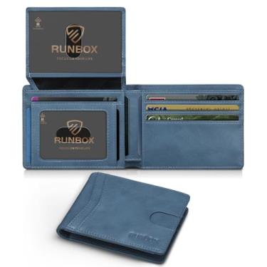 Imagem de RUNBOX Carteira masculina fina de couro RFID 2 porta-documentos com caixa de presente, Azul nebuloso