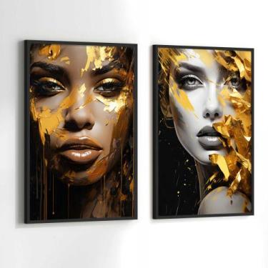 Imagem de Conjunto Quadros Decorativos com Moldura Salão Beleza Mulheres Dourada