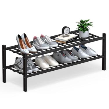 Imagem de Haddockway Organizador de sapatos de bambu longo de 2 níveis, prateleira empilhável multifuncional com painel de grade para armário, corredor, entrada, espaço pequeno 87 x 28 x 33 cm (preto, 2 níveis