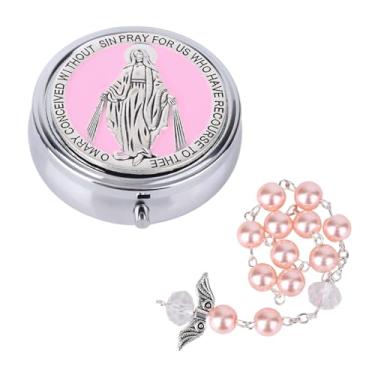 Imagem de Meu Primeiro Rosário para Presentes de Batismo, Caixa de Lembrança Batismo Durável e Pulseira Rosários com Asas Anjo Contas Primeira Comunhão Católica para Chá Bebê (Rosa)