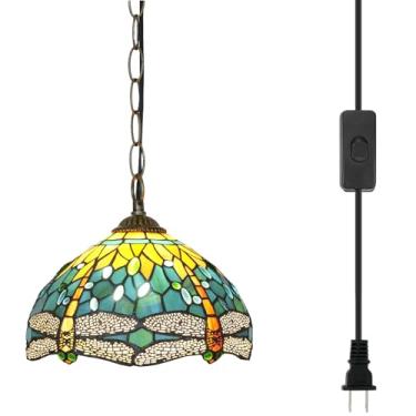 Imagem de Blivuself Tiffany Luminária pendente de vidro manchado lâmpada suspensa 30,5 cm estilo libélula verde antiga luz de plugue para casa cozinha ilha sala de jantar sala de estar corredor balcão bar