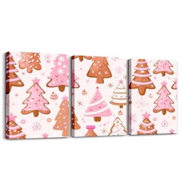 Imagem de jejeloiu Arte de parede em tela infantil com tema de Natal rosa para sala de estar quarto linda árvore de Natal decoração de parede para banheiro estilo desenho animado pôsteres doce pintura de floco