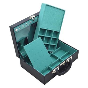 Imagem de Caixa Maleta Estojo Porta Joias Bijuterias Dupla Media com espelho Preta(INTERNO VERDE TIFFANY)