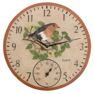 Imagem de QENWKXZ Relógio externo com termômetro, relógio interno e externo de resina poli, relógio de parede suspenso, relógios de parede retrô à prova d'água de 30 cm para pátio, piscina e áreas internas