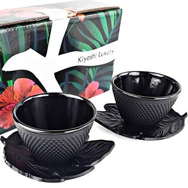 Imagem de KIYOSHI Luxury Conjunto de xícaras de chá japonesas de luxo com 4 peças - 2 xícaras de chá e pires de ferro fundido preto sólido, 113 g