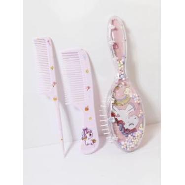 Imagem de Kit 3 Peças: Escova de Cabelo Infantil Mágica Desembaraçadora + 2 Pentes (Rosa (Formato tradicional))