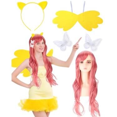 Imagem de Yearntown 5 Pcs Halloween Foal Costume Set Include Pink Long Wig with Hairnet Yellow Felt Wings and Resin Hairband White Butterfly Hair Clips for Halloween Foal Cosplay Accessories
