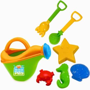 Imagem de Kit Praia Infantil com Regador, Pá, Rastelo e 4 Formas, Brinquedo de Areia, 7 Peças