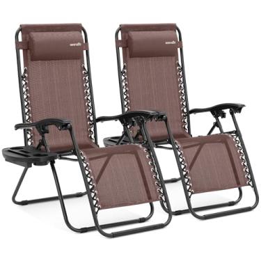 Imagem de SereneLife Cadeira de Gravidade Zero - Cadeira Externa Dobrável com Almofadas Removíveis e Porta-Copos - Ideal para Banho de Sol no Jardim - Cinza e Marrom - Aço Durável e Têxtil - Reclinável