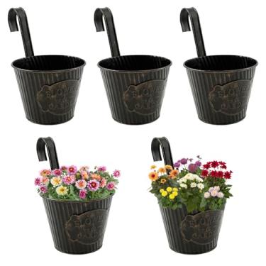 Imagem de DJAPWPX Pacote com 5 plantadores pendurados, trilhos de varanda de 9 cm, plantadores de cerca de balde de metal, vasos de flores pendurados para plantas ao ar livre, vasos de flores, trilhos, varanda