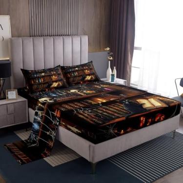 Imagem de Manfei Jogo de cama solteiro de gato preto, decoração de quarto de meninos e meninas, teia de aranha, animal de estimação, psicodélico, marrom, psicodélico, 3 peças, lençol com elástico + 1 fronha)