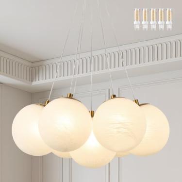 Imagem de FEAZAC Lustre De Bolhas Meados Do Século, Iluminação Globo Vidro Branco Leitoso Com 7 Luzes, Luminária Teto Pendente Dupla Utilização Haste Para Sala Jantar, Estar, Cozinha E Ilha (Lâmpadas G9 Inclu