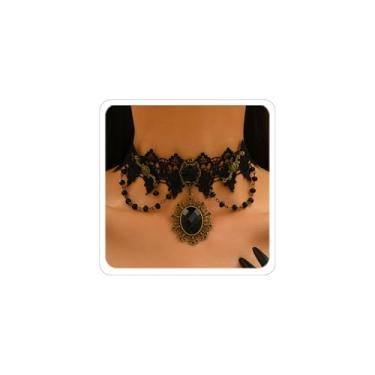 Imagem de Sidlens Gargantilha gótica de renda preta para mulheres, acessórios de bruxa vintage, gargantilha de renda de cristal, colares góticos de vampiro, bijuteria de fantasia de Halloween, Renda, Sem Pedra