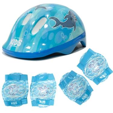 Imagem de Kit Proteção Infantil Tubarão Capacete (52-56cm) com Joelheira e Cotoveleira Azul