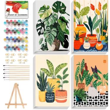 Imagem de ICYANART Pacote com 4 kits de pintura por números para adultos com moldura e cavalete de madeira, kits de pintura de plantas para adultos por números, pintura a óleo acrílica DIY por números para