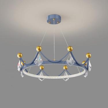 Imagem de Lustre de cristal para quarto de crianças, lustre dourado de coroa de princesa, luz pendente LED regulável, redondo, rosa, luminária de teto infantil para quarto de criança, berçário, sala d