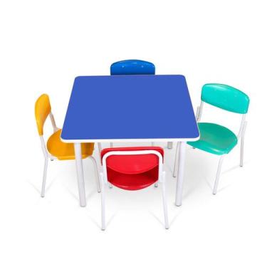 Imagem de Conjunto infantil mesa azul Mdf alt: 570mm c/ 4 cadeiras coloridas - S