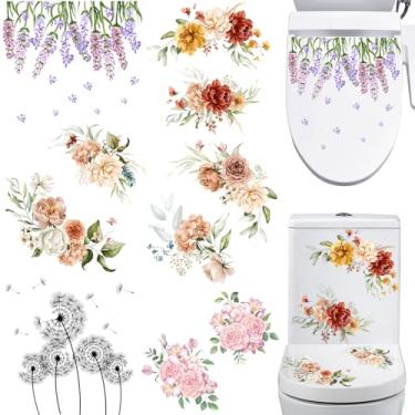 Imagem de 6 peças de adesivos de vaso sanitário removíveis flores e plantas, decalque de parede faça você mesmo, conjunto de vaso sanitário autoadesivo para tampa de vaso sanitário, banheiro, laptop, janela,