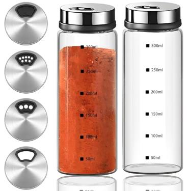 Imagem de Pacote com 2 saleiros e pimenteiros, potes de tempero de 300 ml com tampas de coqueteleira, vidro para saleiro com orifícios ajustáveis, recipientes de tempero de aço inoxidável, garrafas de tempero