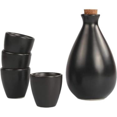 Imagem de JOEUQK Conjunto de saquê de cerâmica, 5 peças, copo de vinho de cerâmica tradicional japonesa, feito à mão, garrafa de saquê de porcelana, decoração de casa, artesanato, inclui 1 pote de saquê e 4