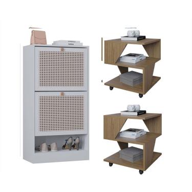 Imagem de Kit Sapateira 2 Portas E 2 Mesas De Cabeceira/centro Poquema Carvalho/branco