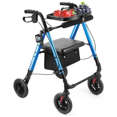Imagem de Andador Amblisss com Assento e Bandeja, Suporta 136 kg, Rodas de 20 cm, Altura Regulável, Dobrável com Cesto, Freio nas Manoplas