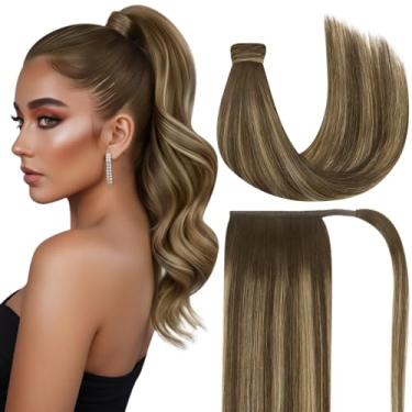 Imagem de Ve Sunny Cabelo Humano Longo Rabo de Cavalo Balayage Extensão de Rabo de Cavalo Cabelo Humano Castanho Escuro Ombre Caramelo Loiro Extensões de Cabelo Flexíveis Rabo de Cavalo para Casamento Cabelo Hu