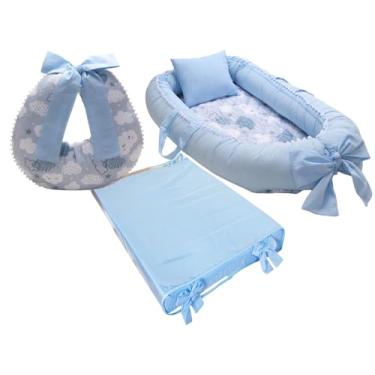 Imagem de Kit Ninho Redutor De Berço + Almofada Amamentação + Trocador Liso Menino (Nuvem azul troc azul)